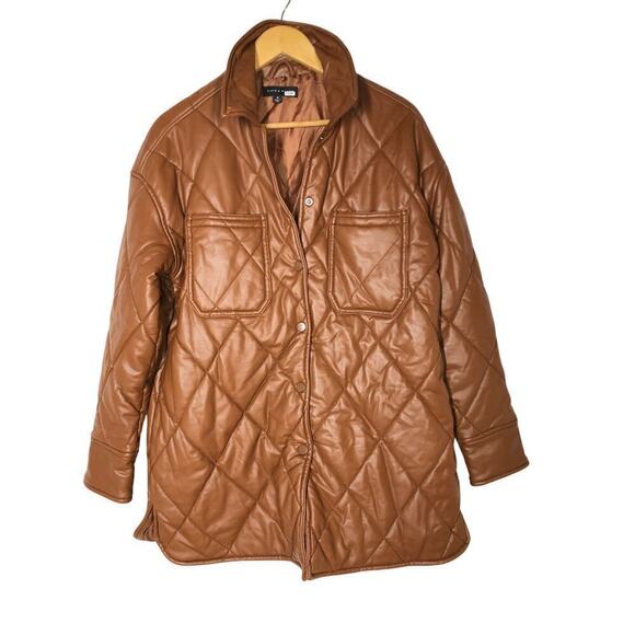 Slate & Willow Quilted Jacket Faux Leather Shacket Brown M - Picture 4 of 12